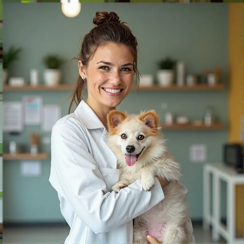 Veterinary medical products supplier assisting a dog at a clinic Veterinary medical products supplier assisting a dog at a clinic